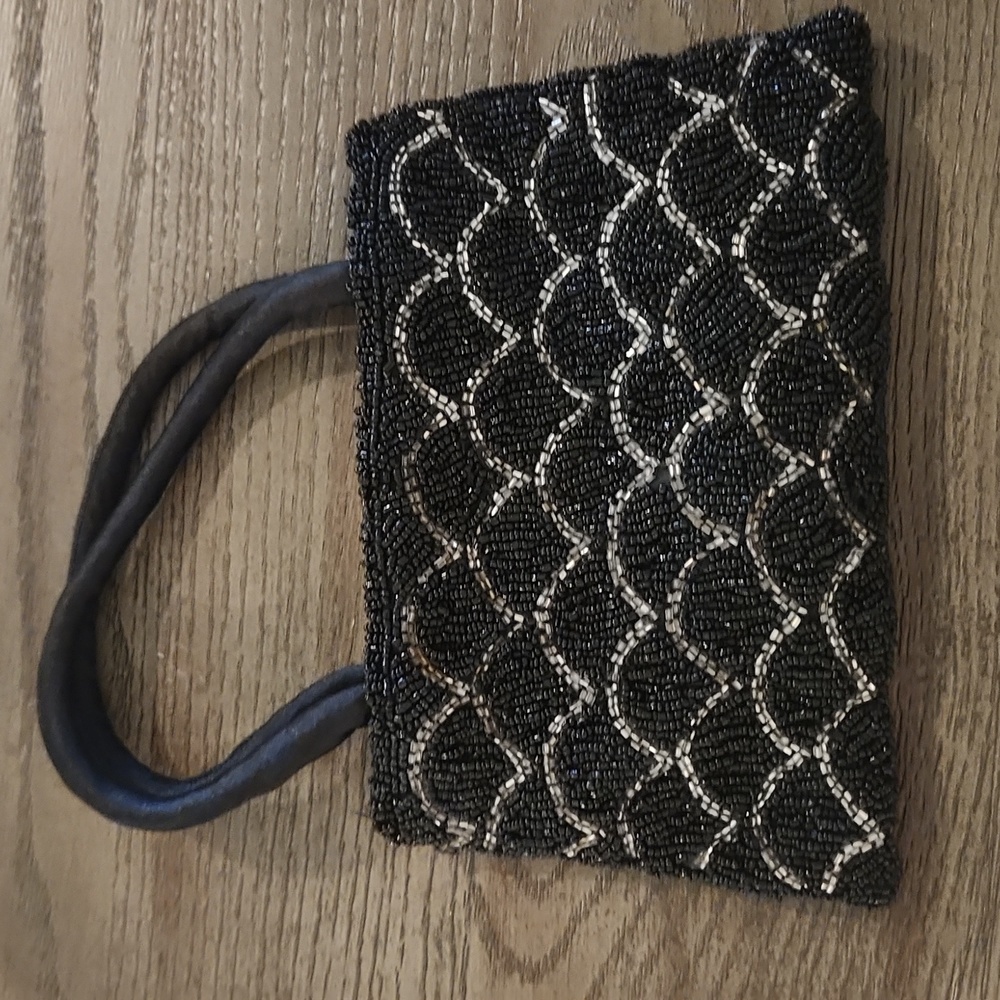 Vintage 1960s Look Silver Black GLASS & SEED BEAD Purse Double Handle TONI 8"X5"